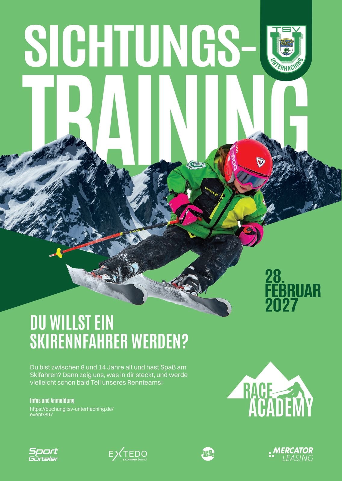 Plakat zum Sichtungstraining am 28. Februar 2027 mit Kind beim Skirennlauf